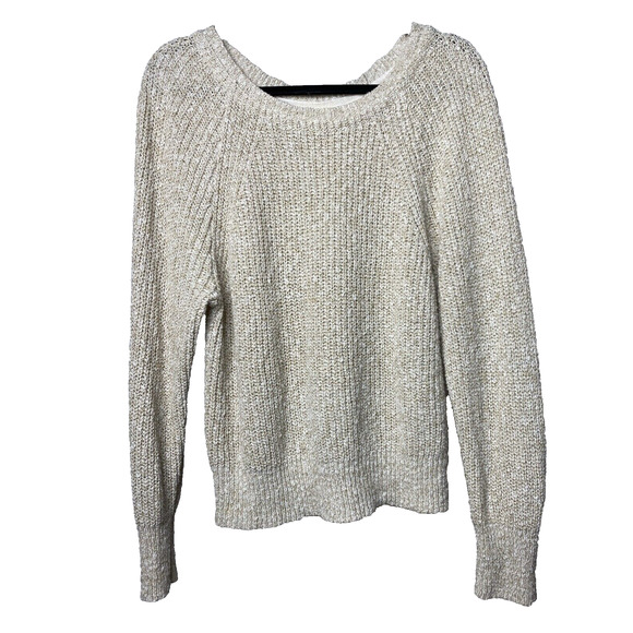 Free People Women's Large Cream Scoop Neck Knit Cotton Linen Blend Sweater Boho - Picture 1 of 5